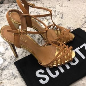 Schutz Brown Leather T-Strap Sandals
